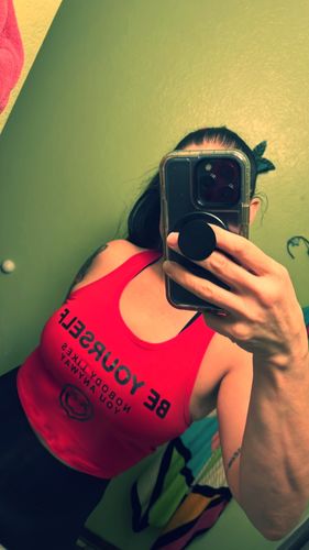 Customer photo review of Salty Savage Ladies “BE YOURSELF” Cropped Racerback Tank | In Your Face | Red/Black