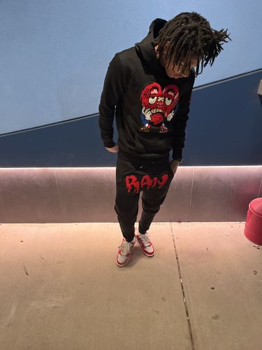 Customer photo review of Men Heart RAW Drip Red Chenille Hoodie and Joggers Set - Black Hoodie / Black Jogger
