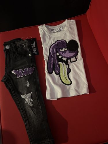 Customer photo review of Kids Anti Social Purple Chenille Crew Neck and RAW Wing Purple Chenille Denim Jeans Set - White Tees / Black Jeans