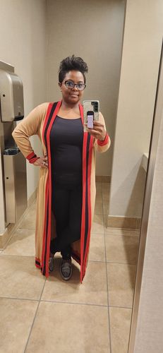 Customer photo review of High Class Long Knit Maxi Cardigan (Camel/Red/Black)