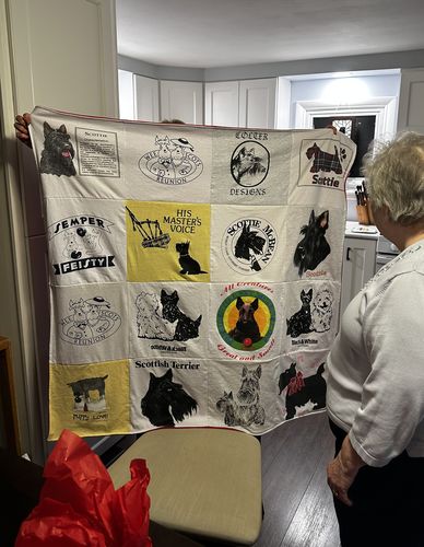T-shirt quilt with dogs, dog breeds themes by Sandy from MI