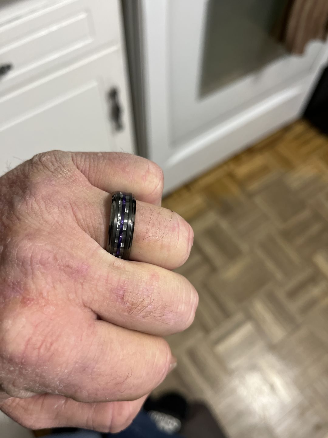 Customer photo review of 8mm - Tungsten Gunmetal wedding Rings, Carbon Fiber W/ Purple Wood Wedding Band