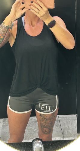 Customer photo review of Salty Savage Ladies “FIT” Varsity Track Shorts | Gray/White