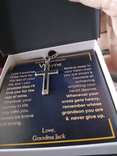 Customer photo review of Grandson, Never Give Up - Cross Necklace - Personalized Message Card (GS21-P)