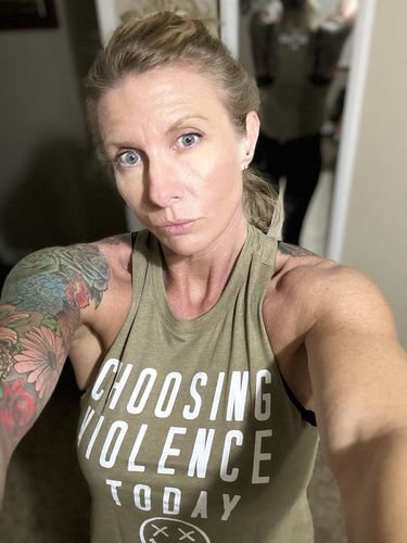Customer photo review of Salty Savage Ladies "CHOOSING VIOLENCE TODAY" Flowy Crop Top | In Your Face | Olive/White