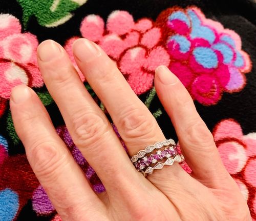 Customer photo review of Flower Cluster Purple CZ Stackable Band in Sterling Silver