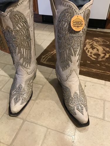 Customer photo review of Women's Wing & Cross Studded Wedding Boots