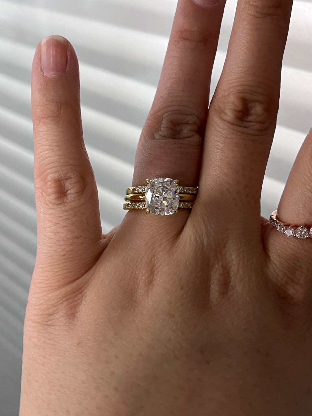 Customer photo review of S925 Classic 3.0 Carat Cushion Cut Bridal Set In Sterling Silver Stackable Wedding Rings