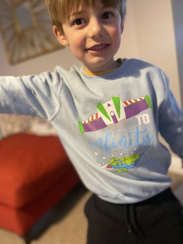 Customer photo review of Infinity And Beyond Cartoon Kids Matching Sky Blue/Pink Sweatshirts
