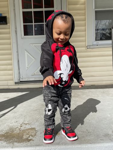 Customer photo review of Kids RAW Nights Red Chenille Hoodie - Black