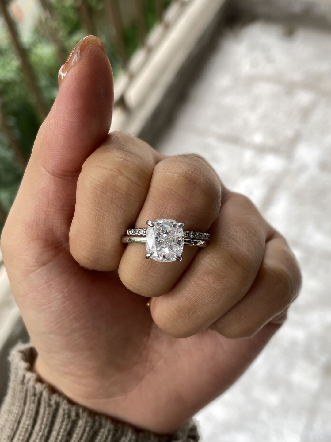 Customer photo review of S925 Classic 3.0 Carat Cushion Cut Bridal Set In Sterling Silver Stackable Wedding Rings