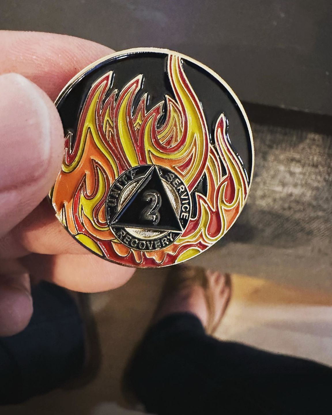 Customer photo review of 1 to 40 Year Sobriety Mint Twisted Flames Gold Plated AA Recovery Medallion/Chip/Coin - Black/Red/Orange/Yellow