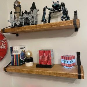 Customer photo review of Rustic Wooden Wall Shelves with Triangle Metal Wall Brackets