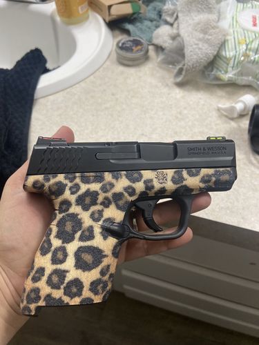 Customer photo review of Decal Grip for S&W M&P 9mm/.40 Shield - Leopard Print
