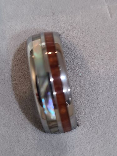 Customer photo review of Koa Wood Abalone Tungsten Two Tone Mens Wedding Ring Half Wood/Shell 8mm Barrel Shape Hawaiian Ring