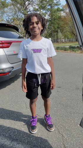 Customer photo review of Kids RAW Wing Purple Bling Cotton Shorts - Black