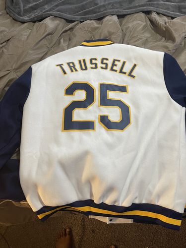 Customer photo review of Custom White Navy-Gold Bomber Full-Snap Varsity Letterman Two Tone Jacket
