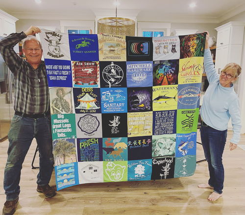 T-shirt quilt with fishing, outdoor activities themes by Emily from NC
