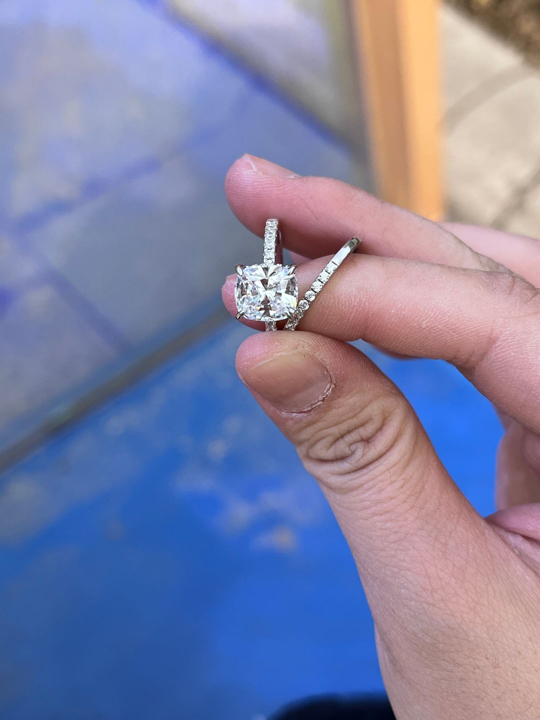 Customer photo review of S925 Classic 3.0 Carat Cushion Cut White Sapphire Wedding Set In Sterling Silver