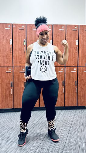 Customer photo review of Ladies "CHOOSING VIOLENCE" Flowy Racerback Crop Tank