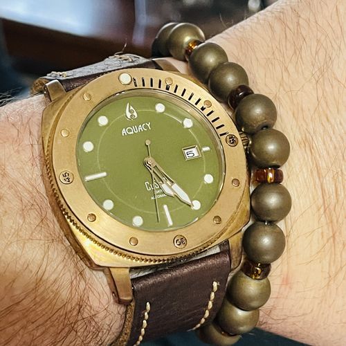 Customer photo review of Aquacy Bronze CuSn8 Series Automatic Men's 200m Watch 44mm Olive Drab Green Dial Brown Strap