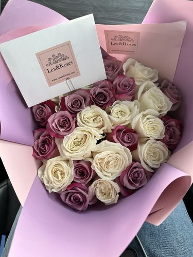 Customer photo review of Purple & White Rose Bouquet