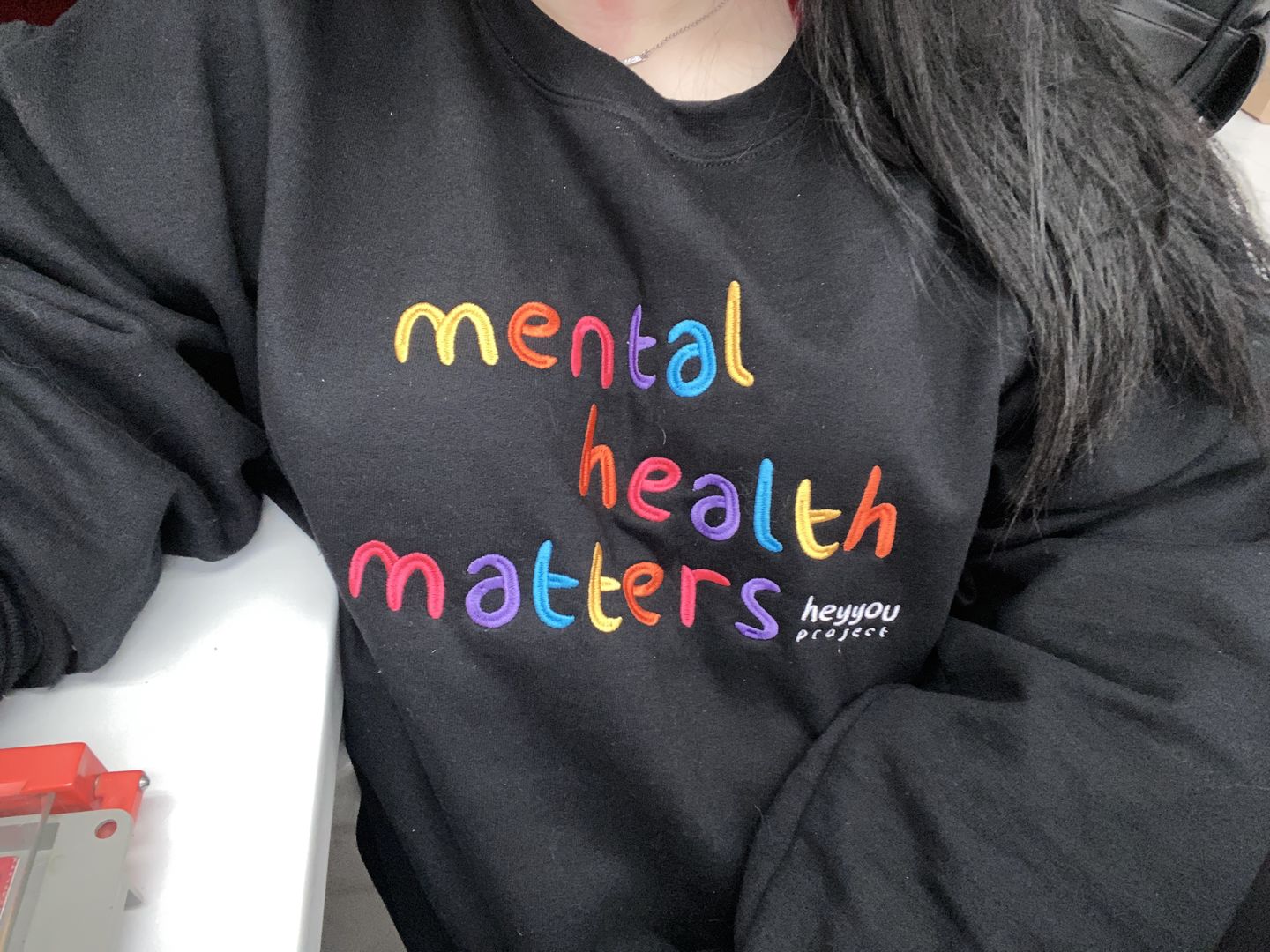 Customer photo review of Mental Health Matters Black Embroidered Crewneck