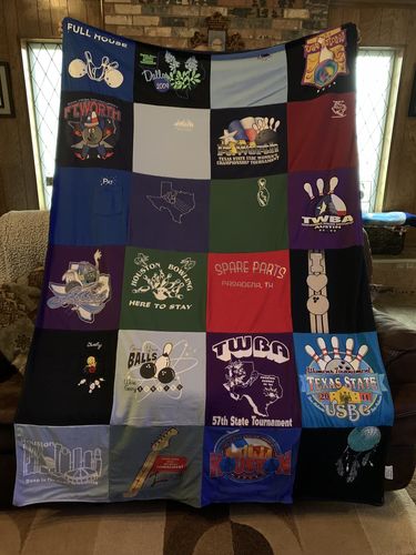 T-shirt quilt with bowling themes by Pat from TX
