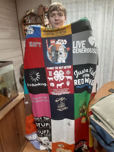 T-shirt quilt with farming, livestock showing themes by paula from MN