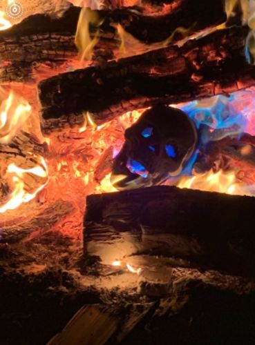 Customer photo review of Fireproof Fire Pit Skull Log for Bonfire
