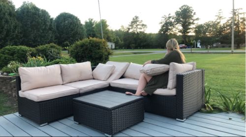 Customer photo review of 7 Pcs Outdoor Rattan Sectional Sofa w/ Adjustable Bracket, All Weather Patio Furniture Set w/ Khaki Cushion & Coffee Table