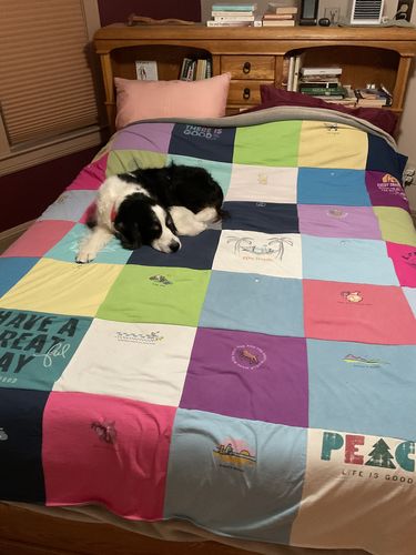 T-shirt quilt with peace, dogs themes by Martine from OH