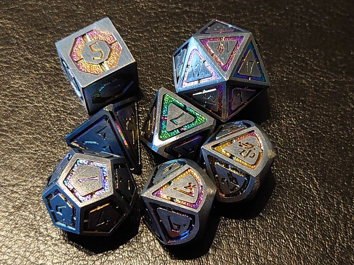 Customer photo review of Cleric's Domain Silver Iridescent 7pc Polyhedral DND RPG Metal Dice Set