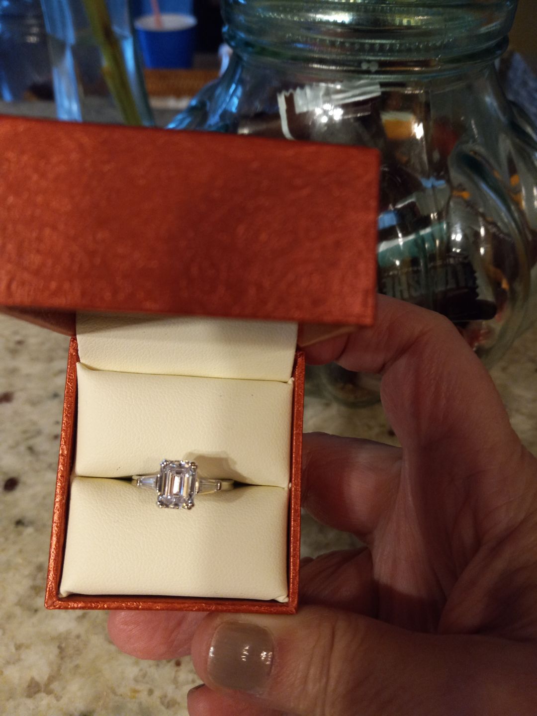 Customer photo review of 3-Stone 2.1ct Emerald Cut CZ Ring in Sterling Silver