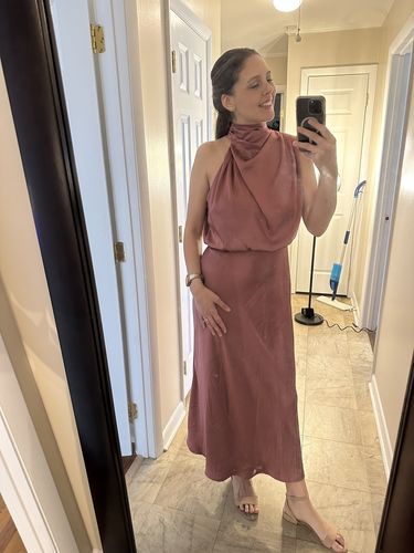 Customer photo review of Perfectly Yours High Neck Elastic Waist  Satin Drape Maxi Dress