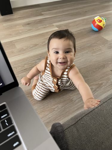 Customer photo review of Owen Striped Romper in cream