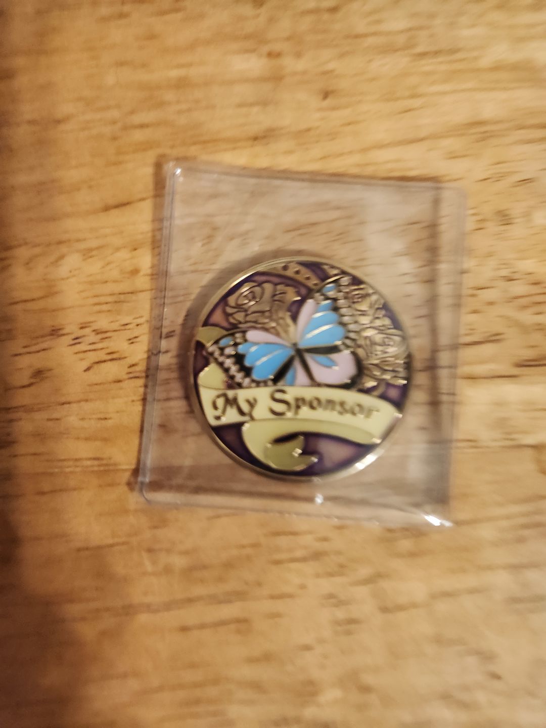 Customer photo review of My Sponsor Specialty Women's AA/NA Butterfly Medallion - Purple/Gold