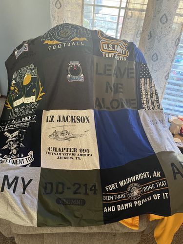 T-shirt quilt with military service, veteran support themes by Richard from OK