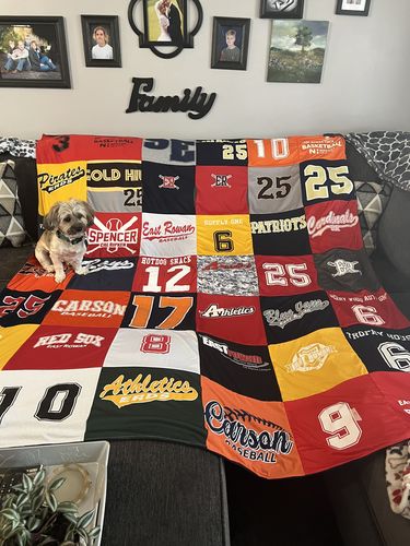 T-shirt quilt with baseball, sports themes by Victoria from NC