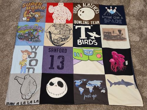 T-shirt quilt with video games, bowling themes by Stacy from NC