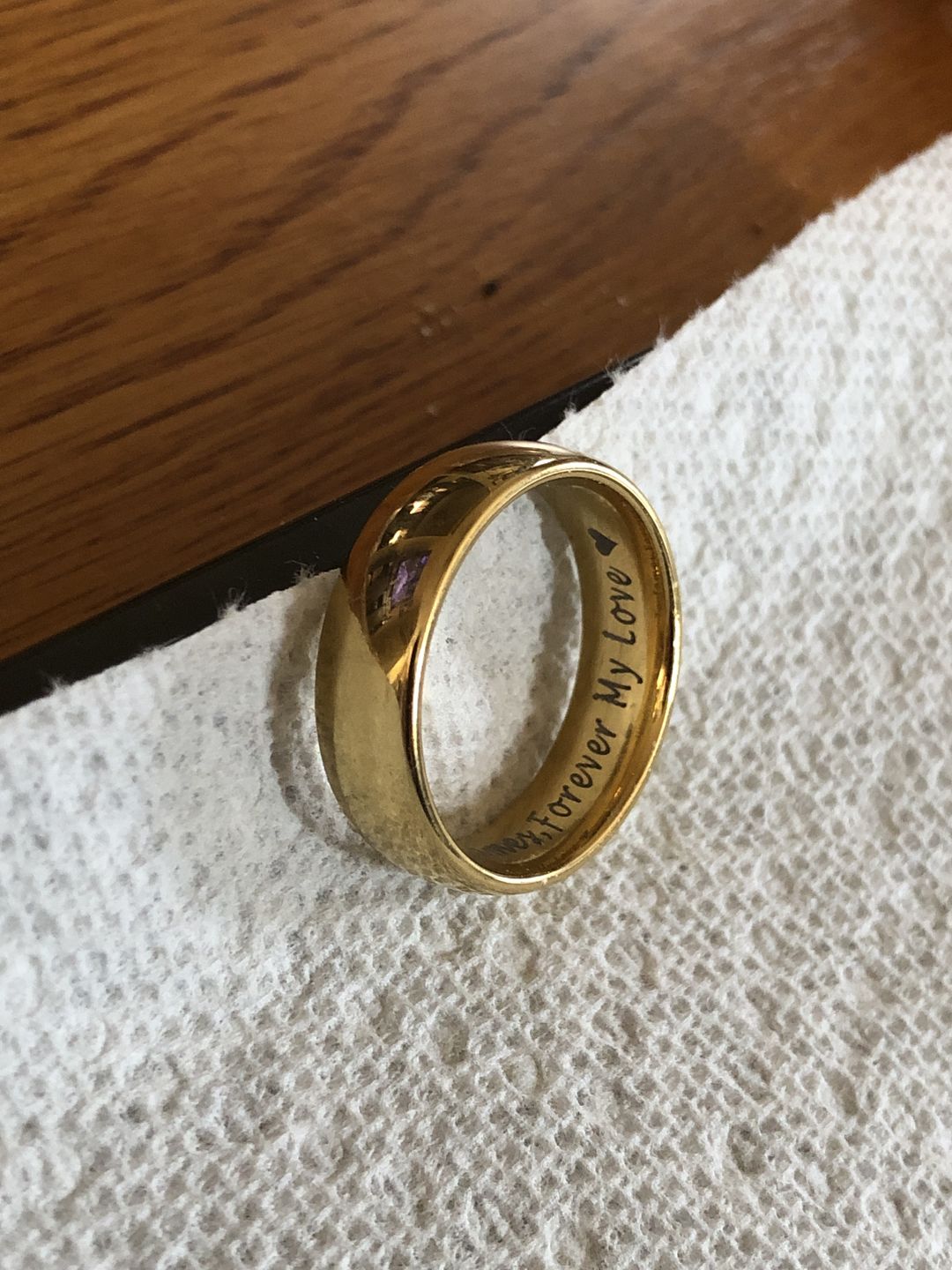 Customer photo review of 8mm - 14k Yellow Gold Tungsten Wedding Band, High Polish Dome Shape, Anniversary Ring