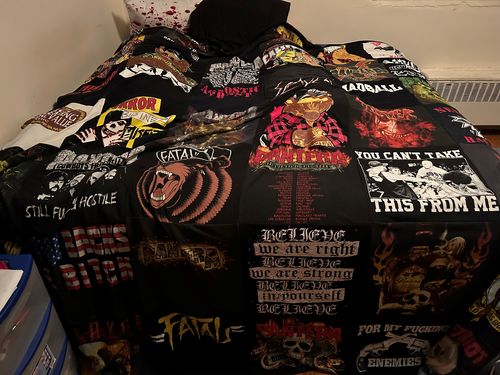 T-shirt quilt with heavy metal music, rock music themes by Carol from NY