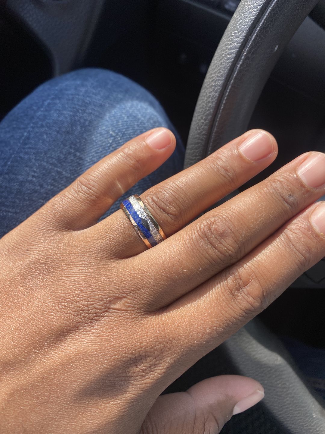 Customer photo review of 8mm- ROSE GOLD TUNGSTEN ARROW RING W/ BLUE LAPIS LAZULI, FAUX METEORITE,