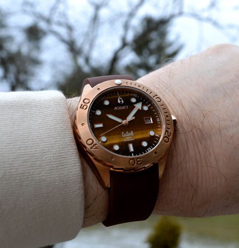 Customer photo review of Aquacy Bronze CuSn8 Men's Tigers Eye Watch Automatic with Leather  200M