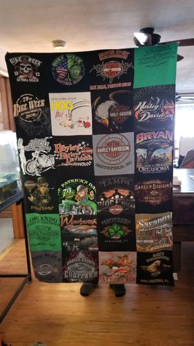 T-shirt quilt with motorcycles, biking themes by Michael from NY
