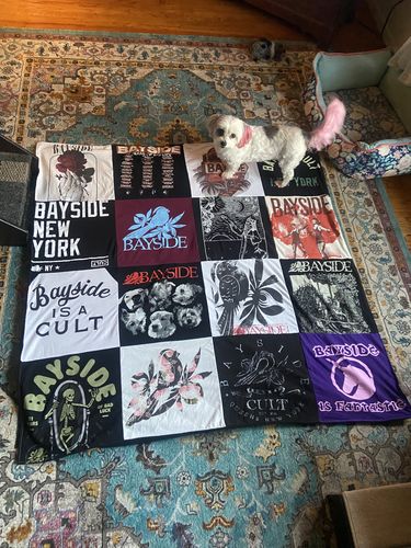 T-shirt quilt with music, pop culture themes by Aime from OH