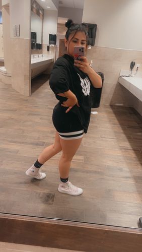 Customer photo review of Black Striped Scrunch Butt Biker Shorts