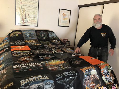 T-shirt quilt with motorcycles, biking themes by Lorelei from CA