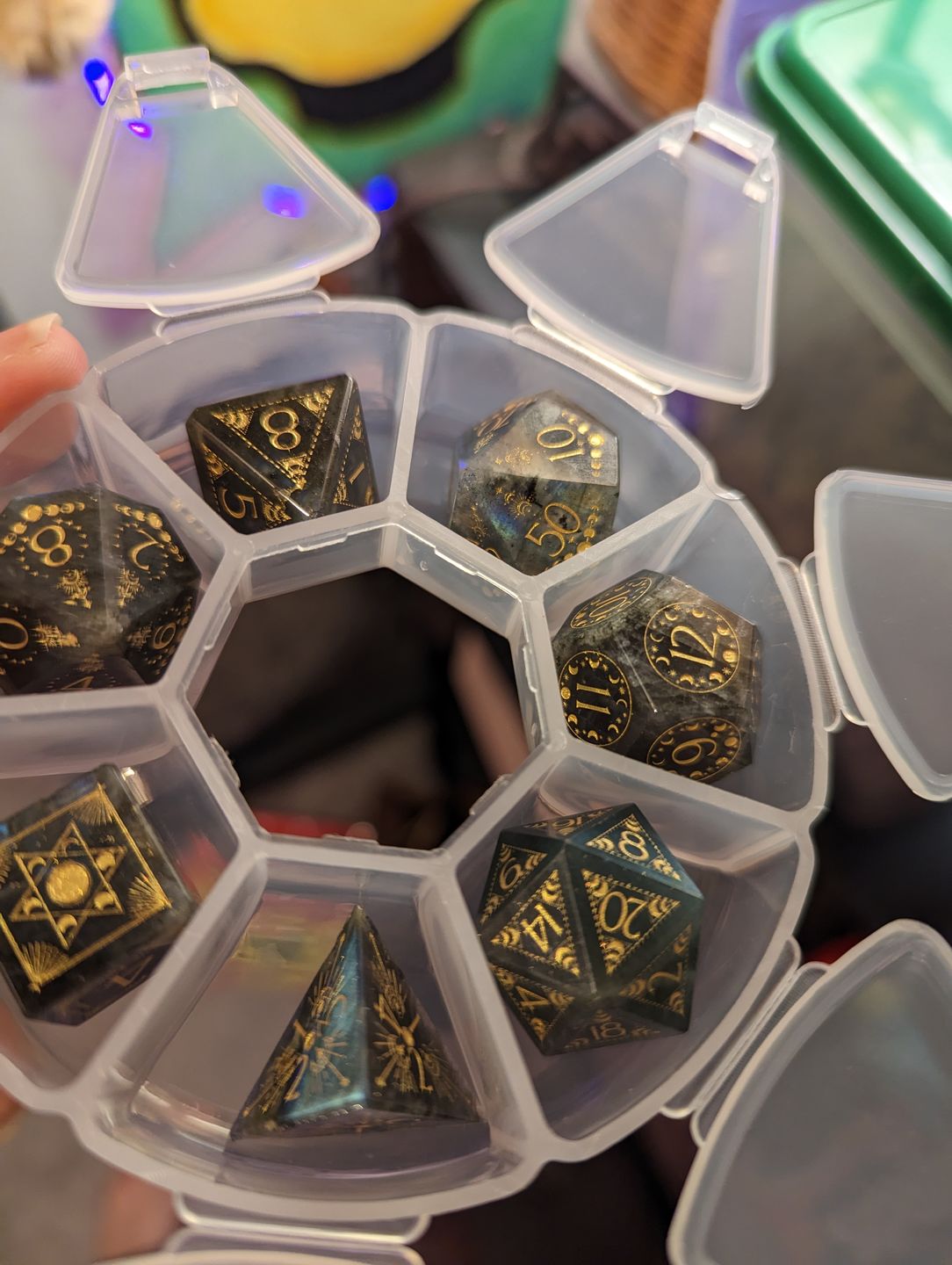 Customer photo review of URWizards D&D Labradorite Engraved Dice Set Lunar Eclipse