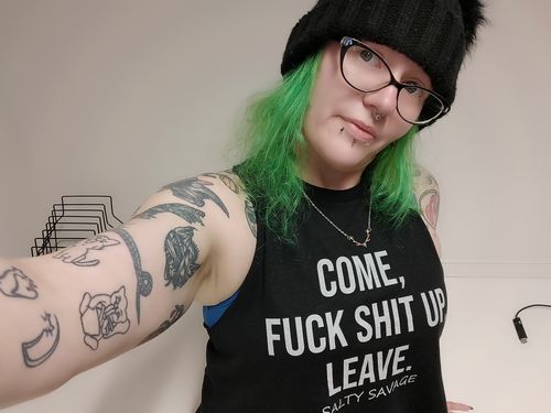 Customer photo review of Salty Savage Ladies “F.S.U" Tee” Flowy Crop Tank | Black/White